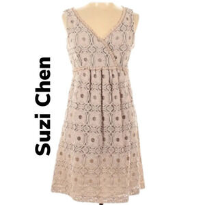 Suzi Chen Lacey Tan Over Top Lined Side Zipper Summer Versatile Dress Sz 10.